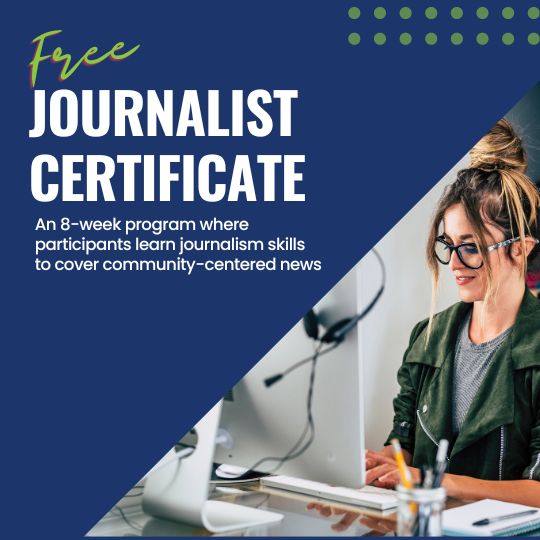 Journalist Certificate copy with a female on a computer.