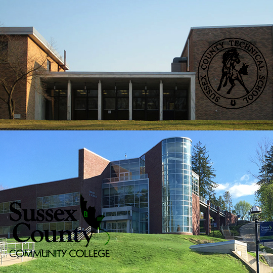 2 images of Sussex Technical high school and The College's Library Science Building.