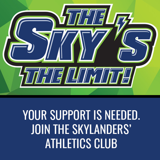 Image of The Sky's the Limit logo in blue, black and lime. With "Your support is needed. Join the Skylanders' Athletic Club"