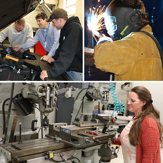 Image of 3 programs at Sussex; Automotive with 2 students and a teacher, a student welding and a female student in front of a machine.