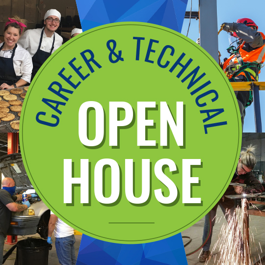 Lime colored circle with the words Career and Technical Open House. Images are of culinary students, Electrical lineman, and automotive.
