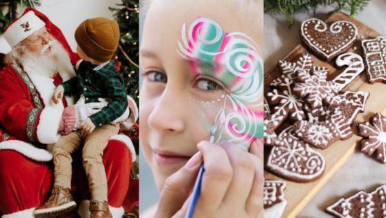 Pictures with Santa, facepainting, and cookies