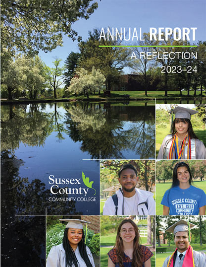 Annual Report cover with student and college images.