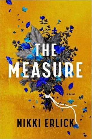 A yellow book with the title The Measure by Nikki Erlick