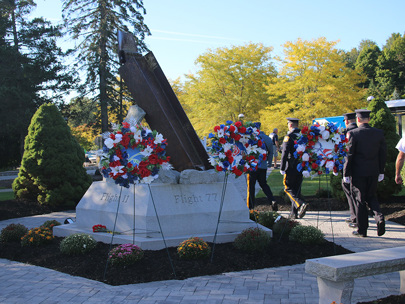 A memorial with wreaths